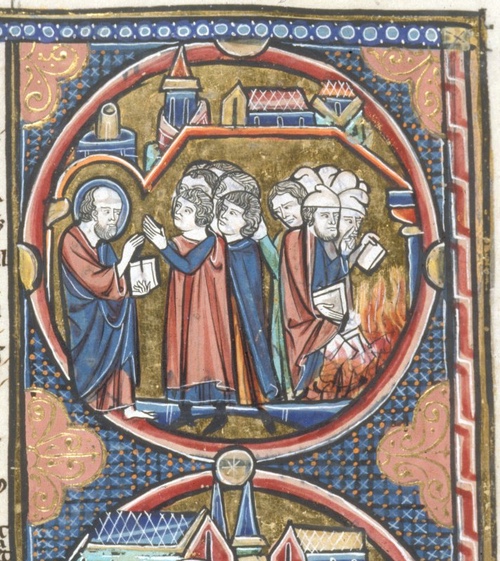 Illuminated manuscript of monks burning books